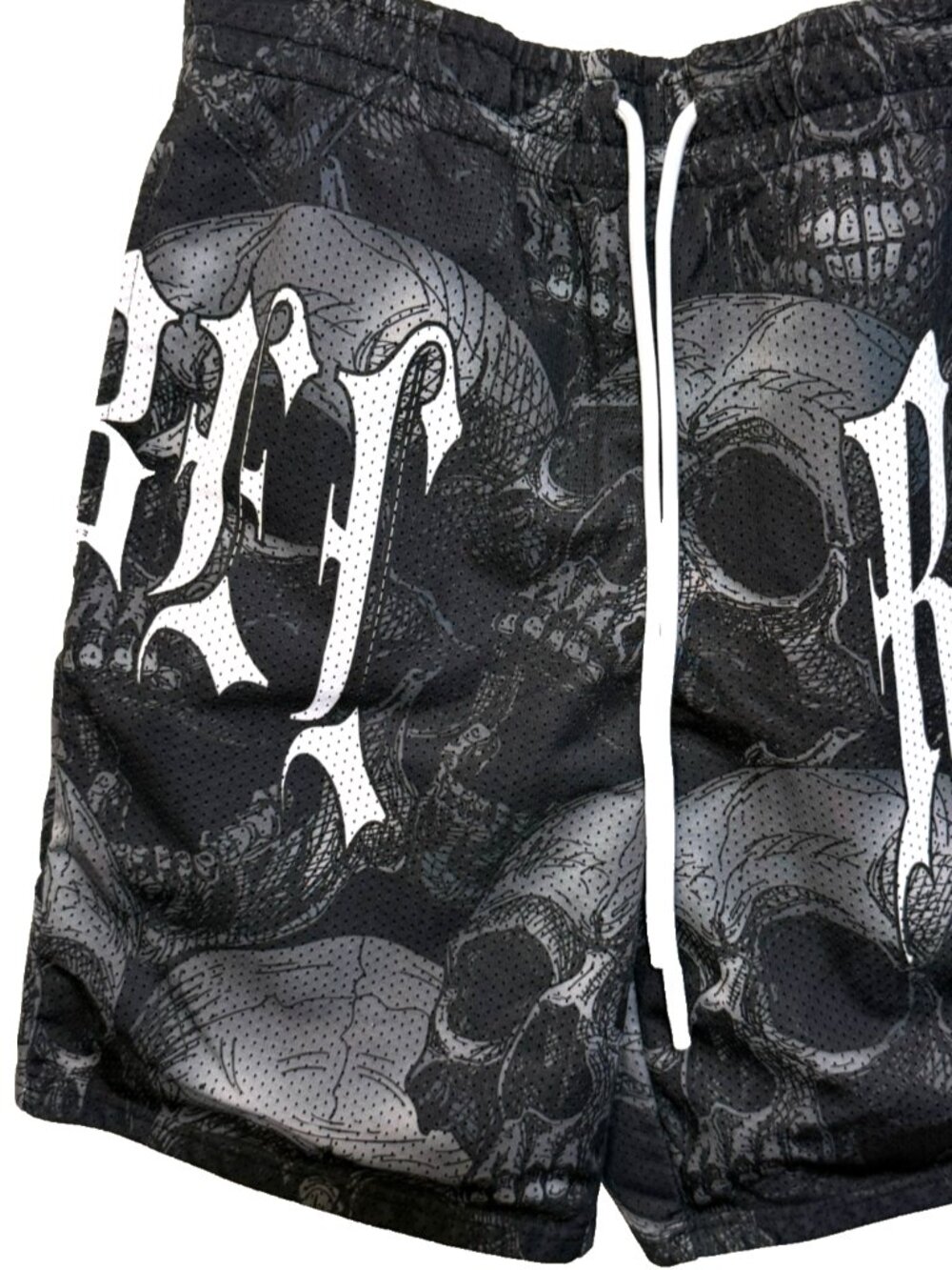 REBEL VENGEANCE SHORTS MENS M SKULL ALLOVER PRINT MESH DRAWSTRING BASKETBALL 8"